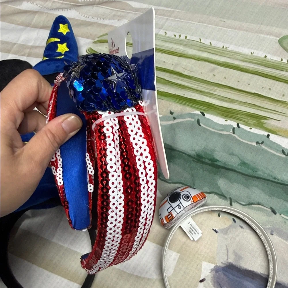 Black and Blue Wizard Mickey Ears , sequin USA flag and BB8 headband set